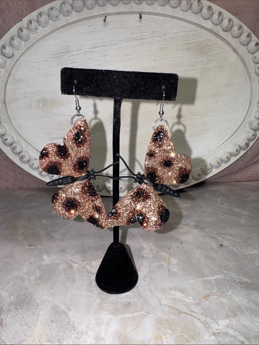 Handmade Glitter leopard butterfly Dangle Earrings - Gold & Black- handmade